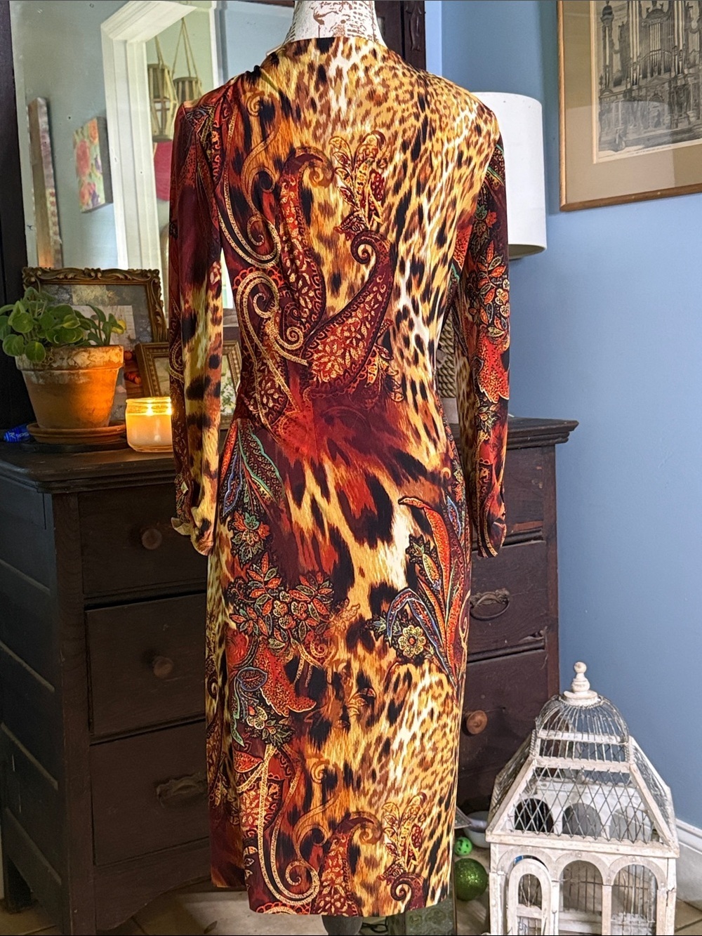 Vintage Cache Leopard Paisley Ruched Faux Wrap Dress Medium - Picture 8 of 14